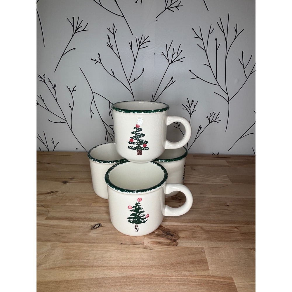 Furio Christmas Tree Mugs Set of 4 Made in Italy Green Sponged Rim Ceramic